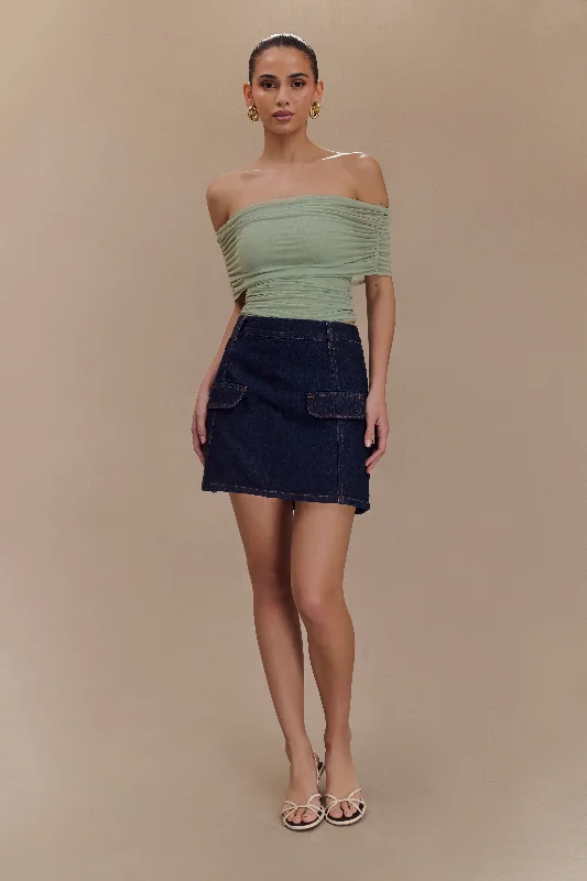 Arna Off Shoulder Mesh Crop Top - Basil