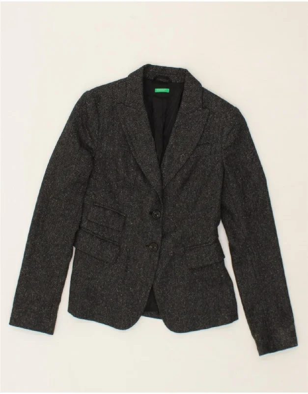 BENETTON Womens 2 Button Blazer Jacket UK 10 Small Grey Herringbone