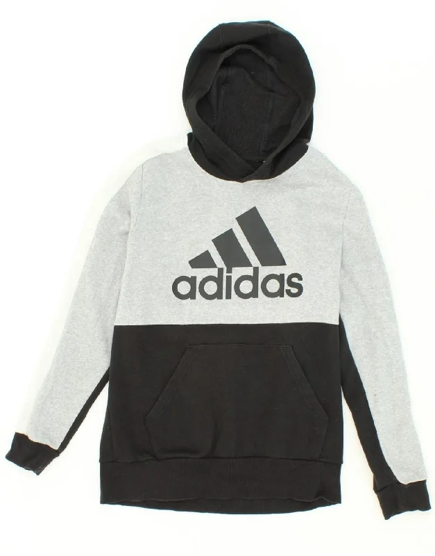 ADIDAS Boys Graphic Hoodie Jumper 15-16 Years Black Colourblock Cotton