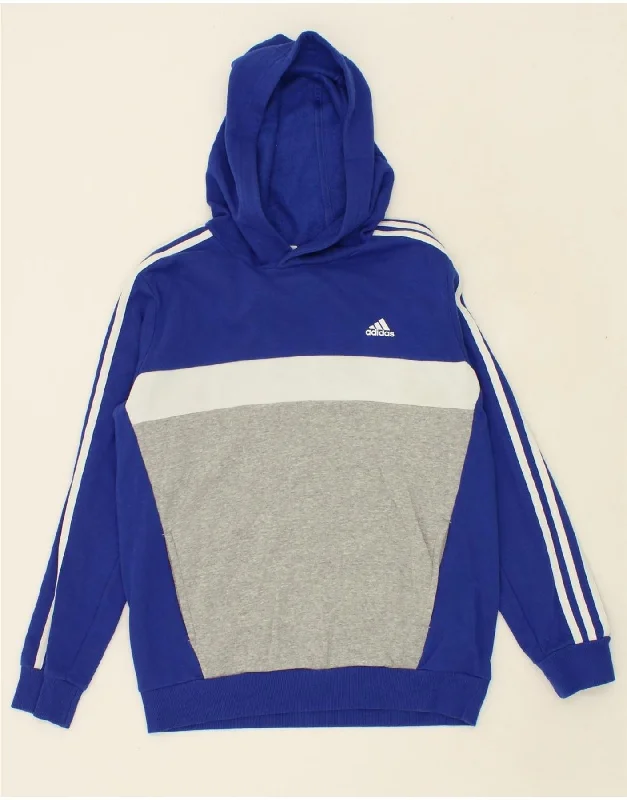 ADIDAS Boys Hoodie Jumper 13-14 Years Blue Colourblock Cotton