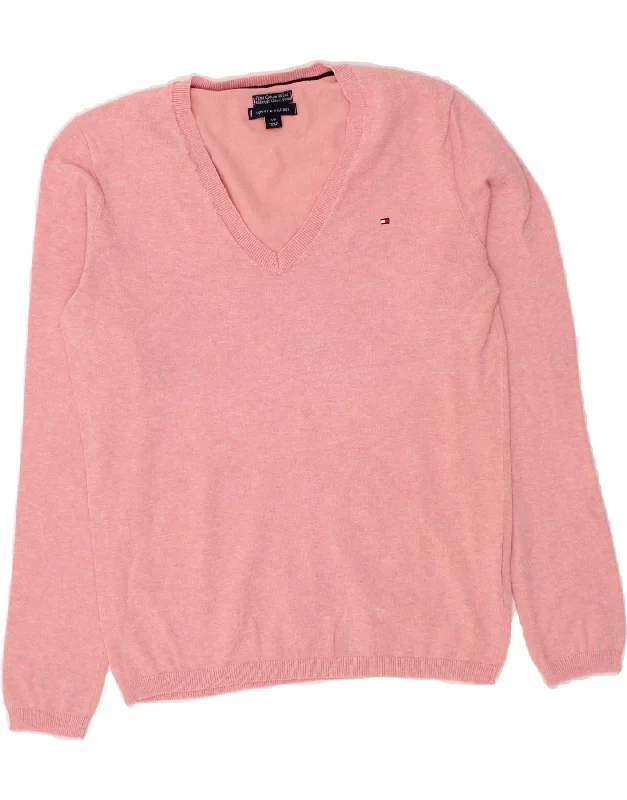 TOMMY HILFIGER Womens V-Neck Jumper Sweater UK 10 Small Pink Cotton