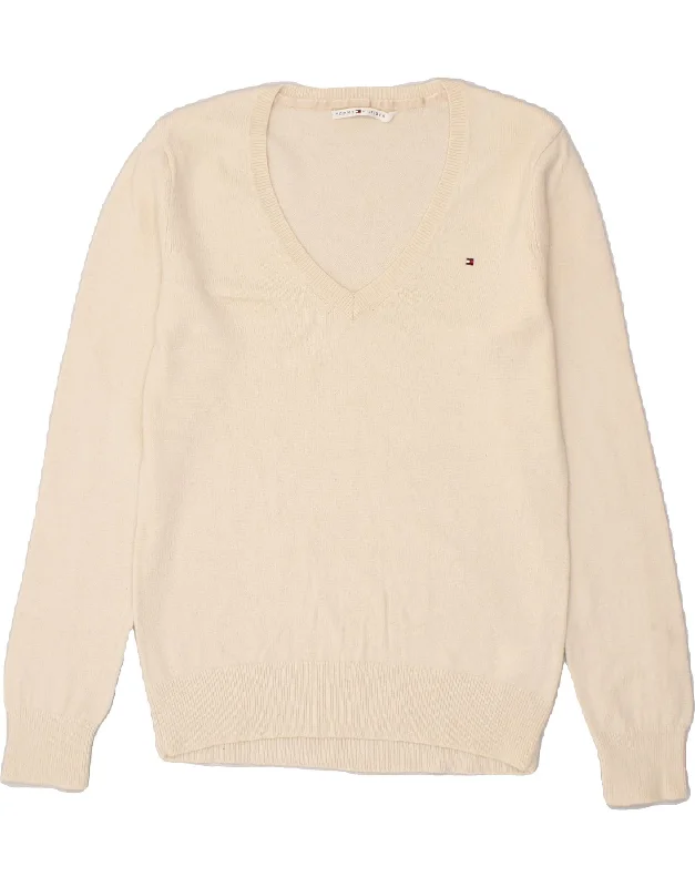 TOMMY HILFIGER Womens V-Neck Jumper Sweater UK 18 XL Beige Lambswool