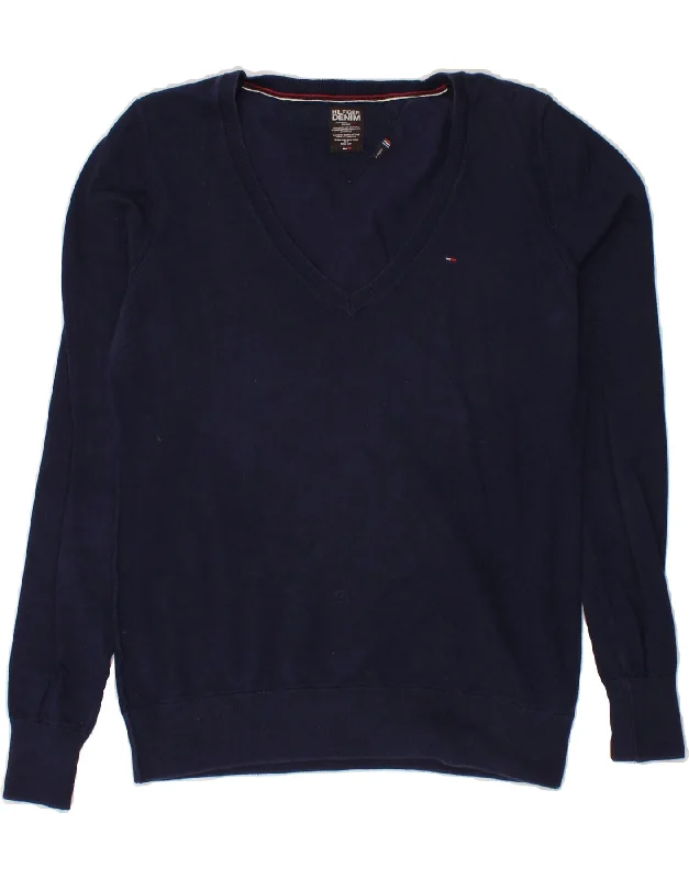 TOMMY HILFIGER Womens V-Neck Jumper Sweater UK 18 XL Navy Blue Cotton