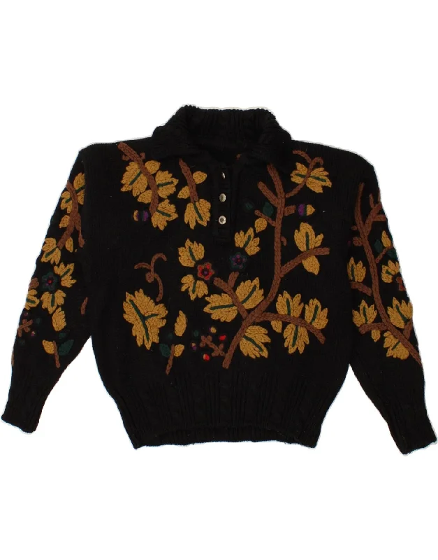 VINTAGE Womens Graphic Polo Neck Jumper Sweater UK 16 Large Black Floral