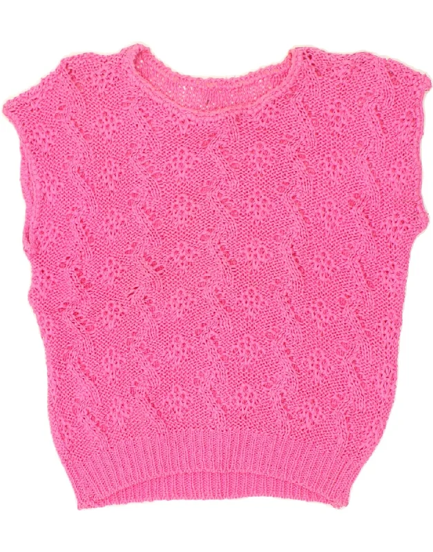 VINTAGE Womens Short Sleeve Crew Neck Jumper Sweater UK 14 Medium Pink