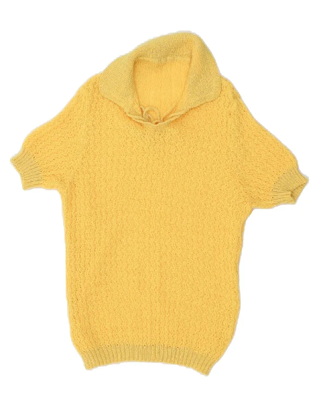 VINTAGE Womens Short Sleeve Polo Neck Jumper Sweater UK 12 Medium Yellow