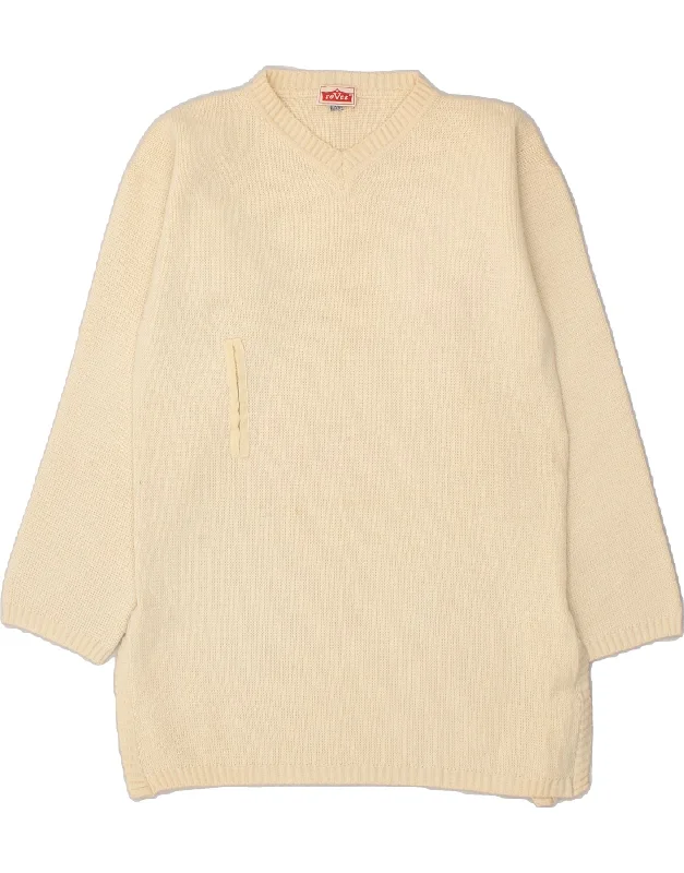 VINTAGE Womens V-Neck Jumper Sweater UK 14 Large Beige Virgin Wool