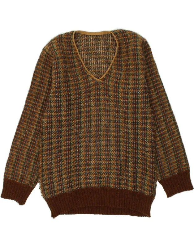 VINTAGE Womens V-Neck Jumper Sweater UK 14 Large Brown Striped Wool